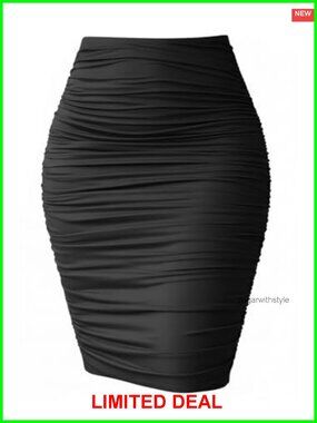 Women High Waist Ruched Elegant Bodycon Stretch Midi Pencil Skirt